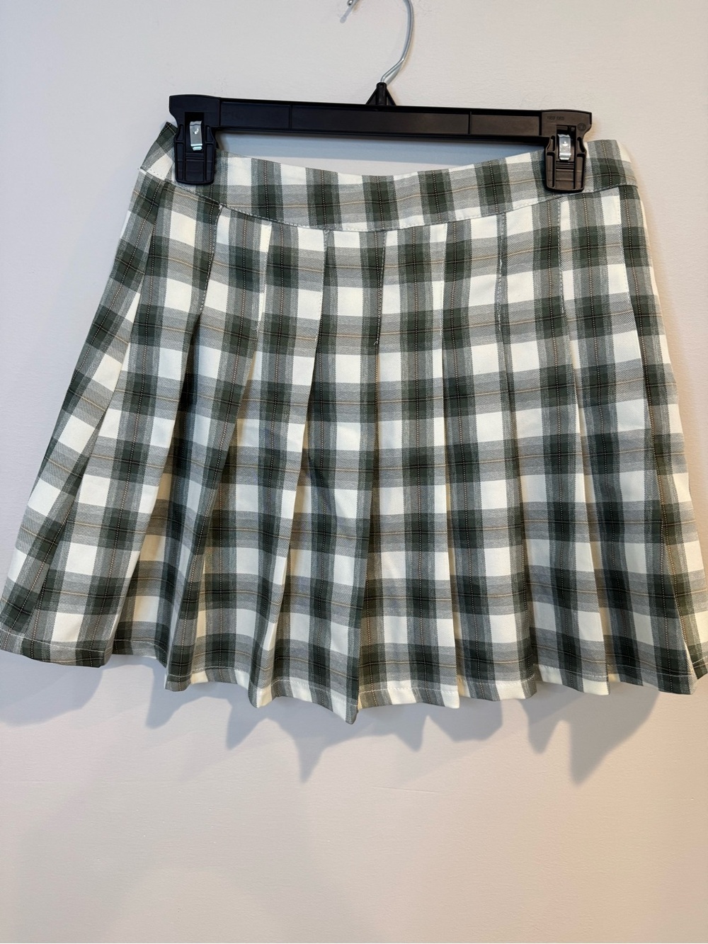 Mable Womens Plaid Pleated Skater Skirt — Olive & White Boho, Festival Size Med